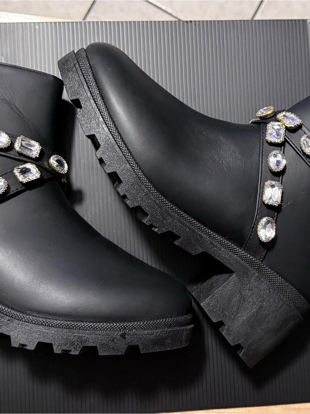 Forever New Black Crystal-Strap Lug Sole Ankle Boots